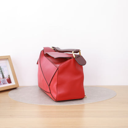 Loewe Medium Puzzle Edge Bag, Two-tone Red & Dark Brown Calfskin, Gold-tone Hardware, Top Handle with Detachable Crossbody Strap