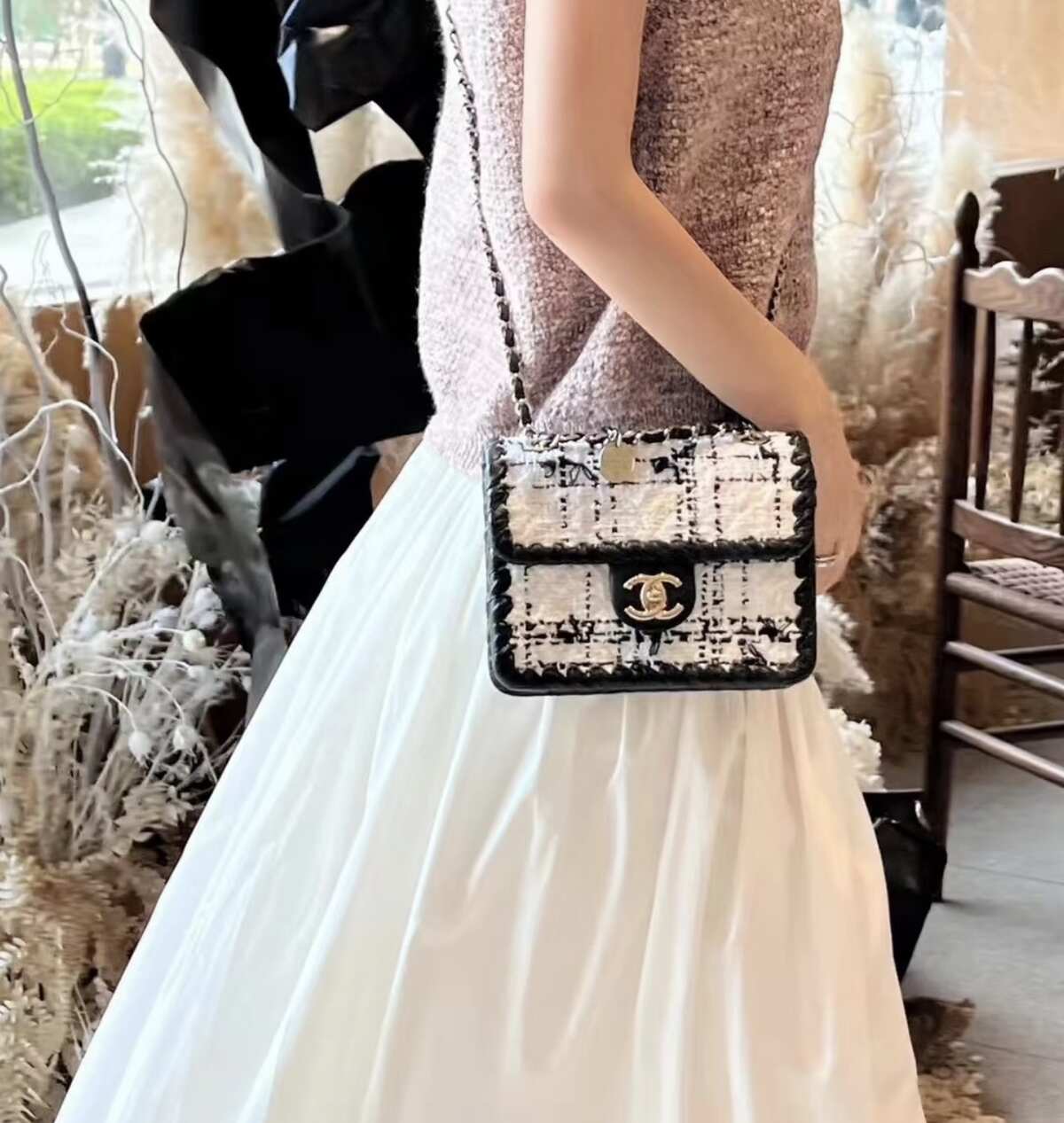 Chanel Classic Flap Mini, 22C Collection, Black & White Tweed with Braided Leather Trim, Gold-tone Interlocking CC Hardware