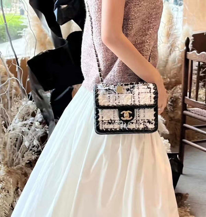 Chanel Classic Flap Mini, 22C Collection, Black & White Tweed with Braided Leather Trim, Gold-tone Interlocking CC Hardware
