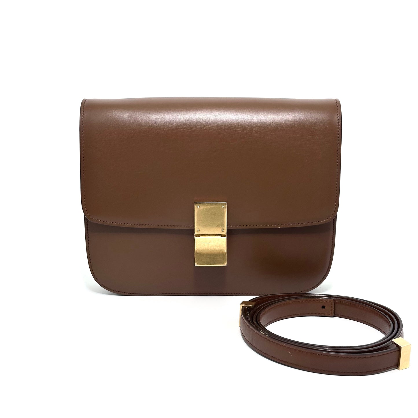 Celine Medium Classic Box Flap Bag, Brown Smooth Calfskin, Gold-tone Clasp Hardware, Detachable Shoulder Strap
