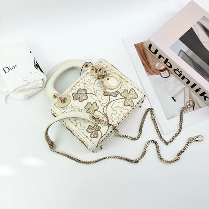 Mini Lady Dior Bag, White Calfskin with Gold Clover Embroidery & Sequins, Gold Hardware