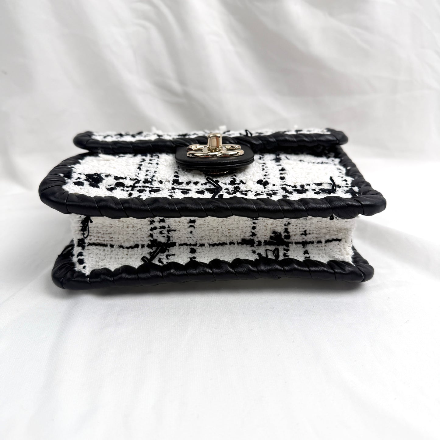 Chanel Classic Flap Mini, 22C Collection, Black & White Tweed with Braided Leather Trim, Gold-tone Interlocking CC Hardware