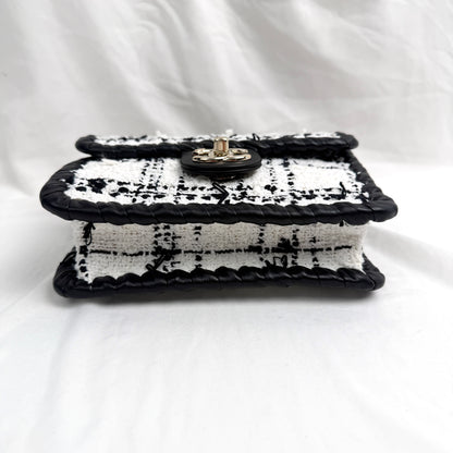 Chanel Classic Flap Mini, 22C Collection, Black & White Tweed with Braided Leather Trim, Gold-tone Interlocking CC Hardware