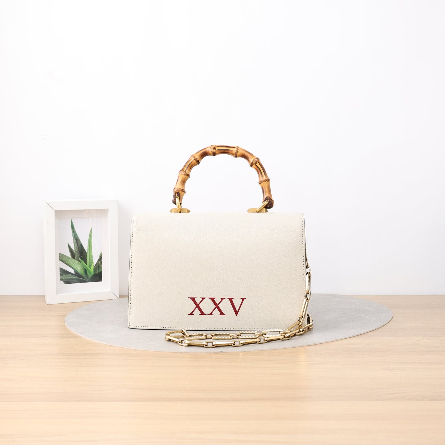 Gucci Ottilia Bamboo Top Handle Shoulder Bag, Off-White Calfskin with Snake Skin Inlay, Insect Print Motif, Gold Bee Hardware & Crystal Chain Strap