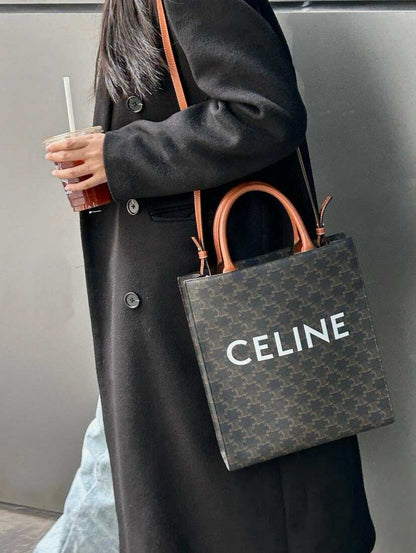 Celine Small Vertical Cabas Tote, Triomphe Monogram Coated Canvas & Calfskin Trim, Detachable Crossbody Strap
