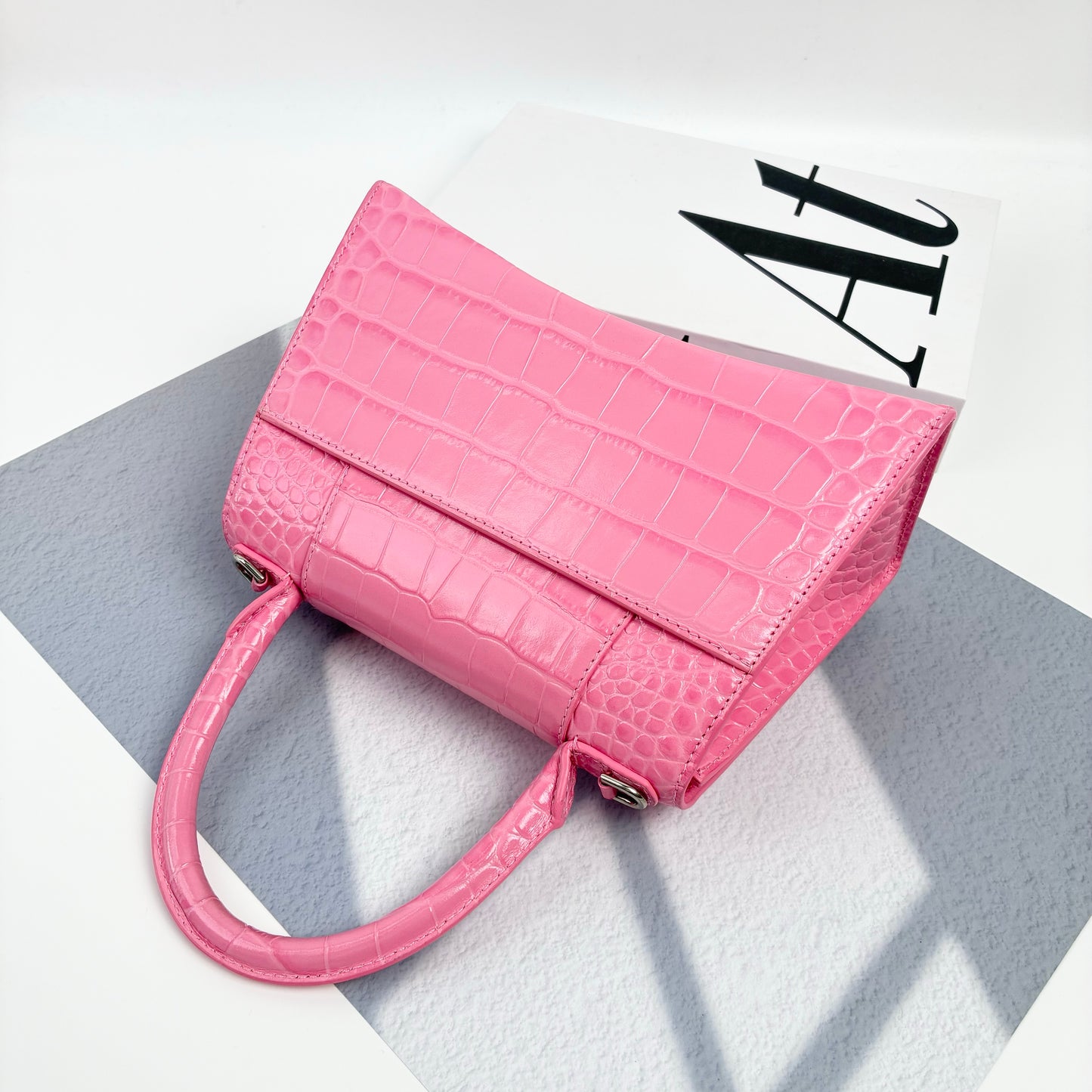 Balenciaga Small Hourglass Top Handle Bag, Pink Shiny Crocodile Embossed Calfskin, Silver Crystal B Logo Hardware, Detachable Crossbody Strap