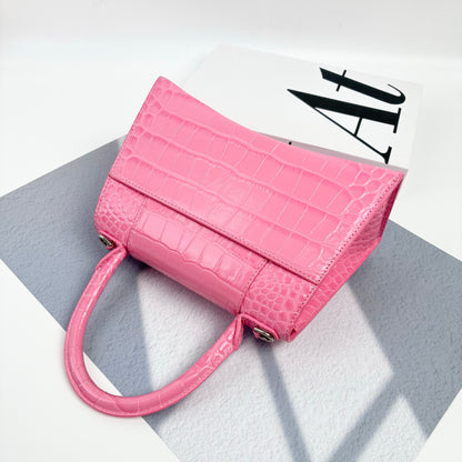 Balenciaga Small Hourglass Top Handle Bag, Pink Shiny Crocodile Embossed Calfskin, Silver Crystal B Logo Hardware, Detachable Crossbody Strap