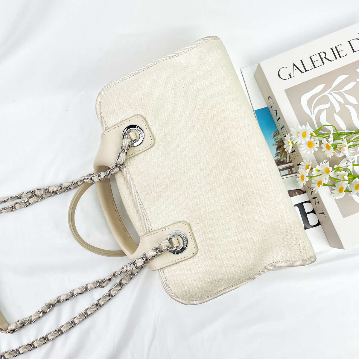 Chanel Small Deauville Shopping Bag, 22C Collection, White Mixed Fiber Canvas, Silver-tone Metal Chain Hardware
