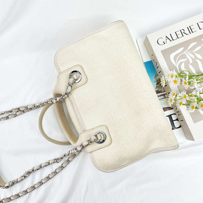 Chanel Small Deauville Shopping Bag, 22C Collection, White Mixed Fiber Canvas, Silver-tone Metal Chain Hardware