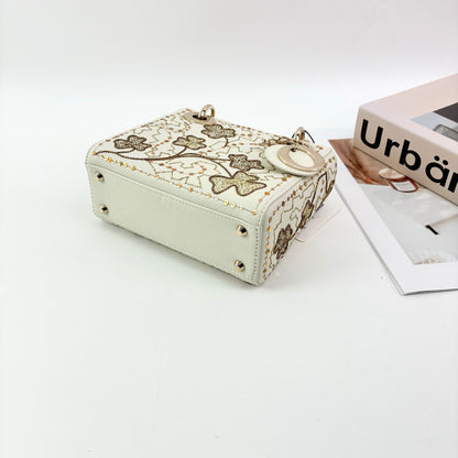 Mini Lady Dior Bag, White Calfskin with Gold Clover Embroidery & Sequins, Gold Hardware
