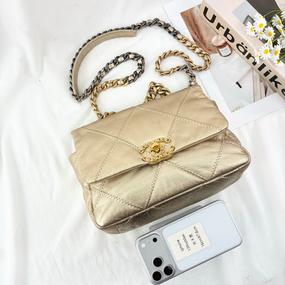 Chanel Small 19 Flap Bag, Metallic Goatskin, Mixed Gold/Silver Tone Hardware