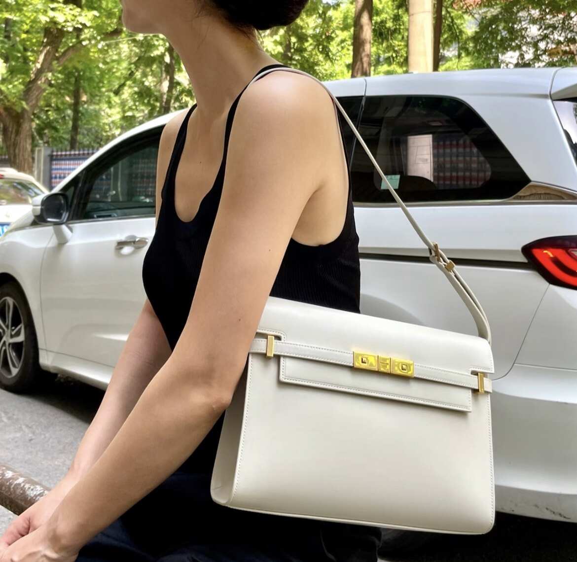 YSL Medium Manhattan Shoulder Bag in White Smooth Calfskin, Gold-Tone Hardware