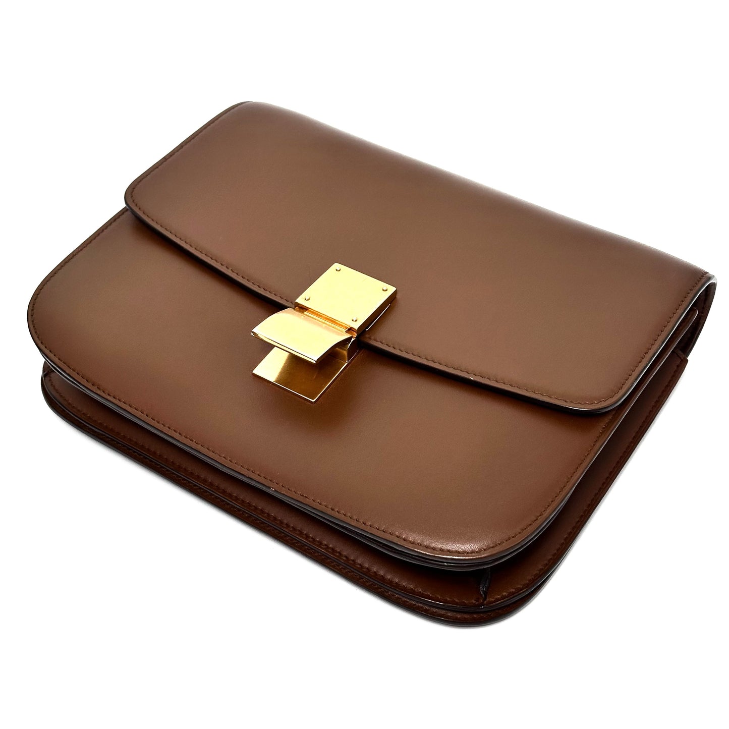 Celine Medium Classic Box Flap Bag, Brown Smooth Calfskin, Gold-tone Clasp Hardware, Detachable Shoulder Strap
