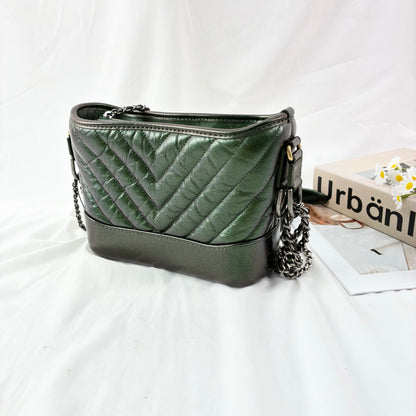 Chanel Small Gabrielle Hobo Bag, Metallic Dark Green Distressed Calfskin, Mixed Gold & Ruthenium Hardware