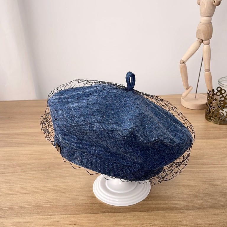 Dior Arty Beret, Blue Denim Cotton with Black Veil Netting, Gold Metal Dior Logo