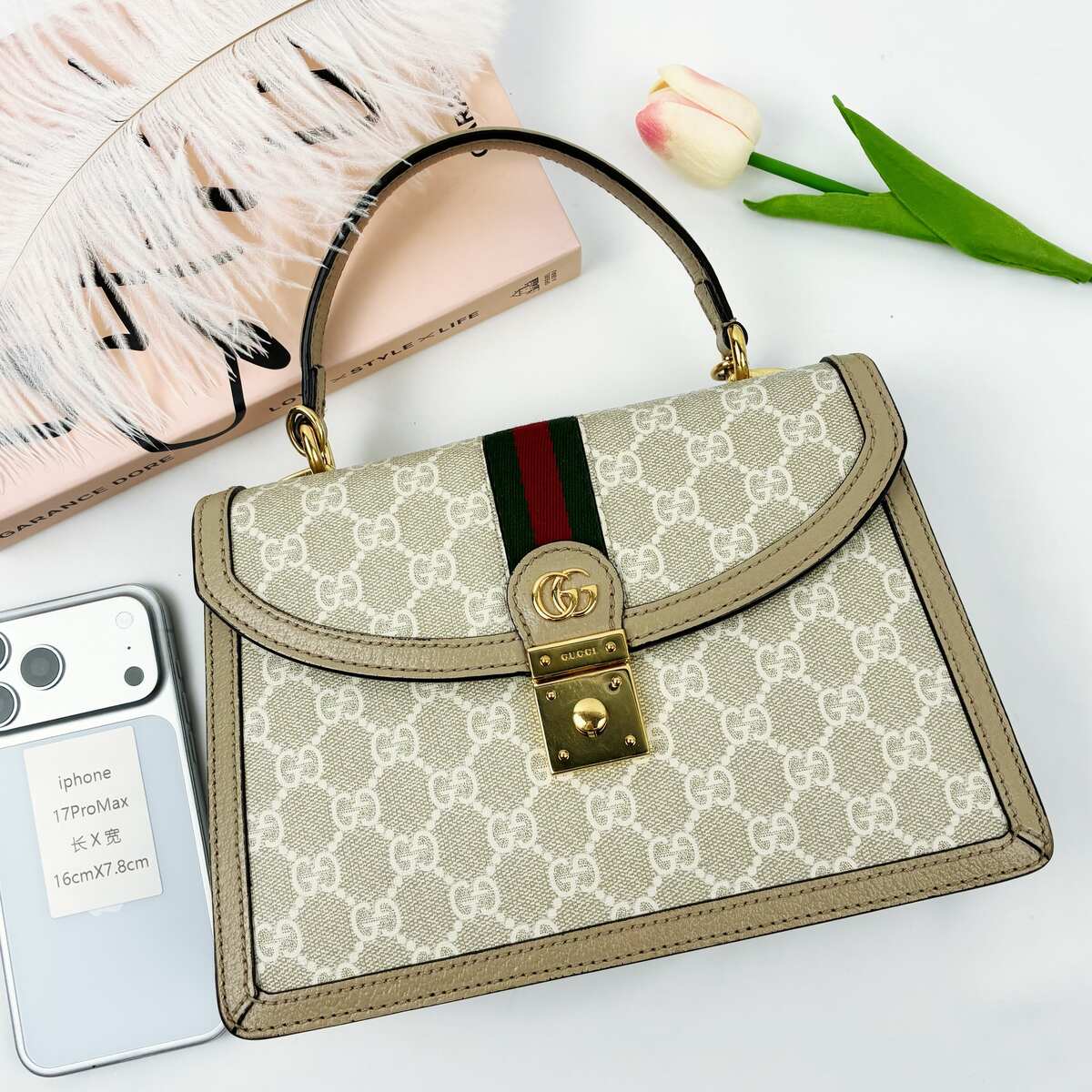 Gucci Ophidia Small Satchel Bag, GG Supreme Canvas with Web Stripe & Leather Trim