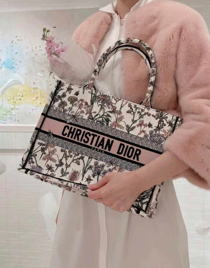Dior Medium Book Tote Bag, Wildflower Dragonfly Embroidery Canvas