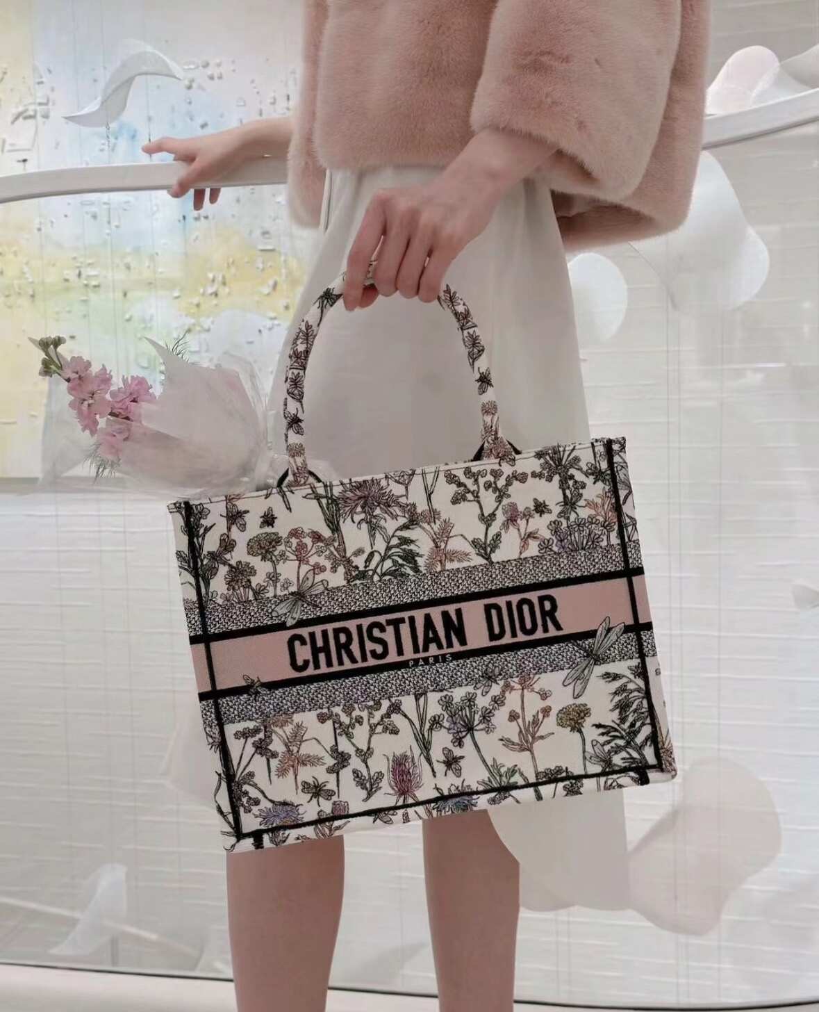 Dior Medium Book Tote Bag, Wildflower Dragonfly Embroidery Canvas