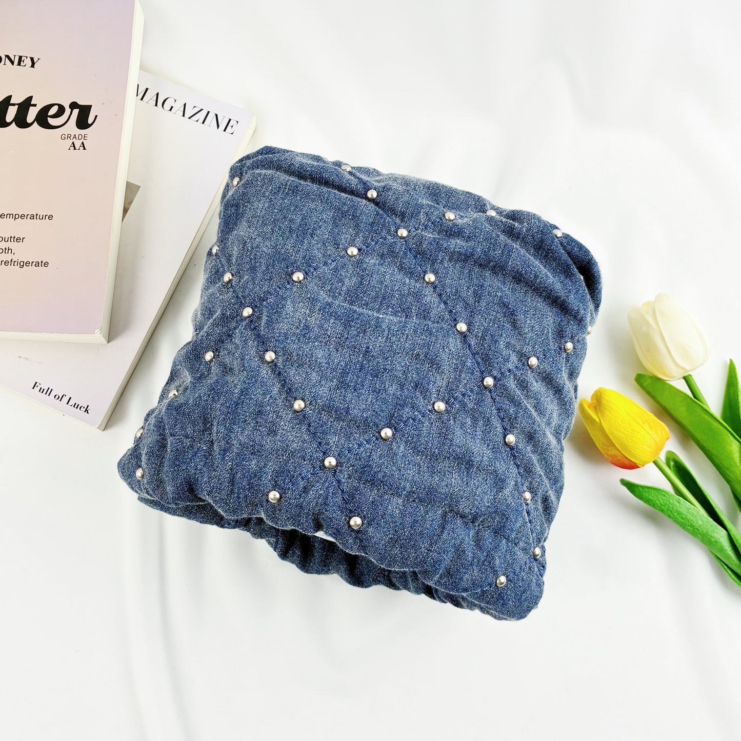 Chanel Mini 22 Handbag, Washed Denim with Stud Detail, Silver-Tone Metal Hardware（24S Collection）