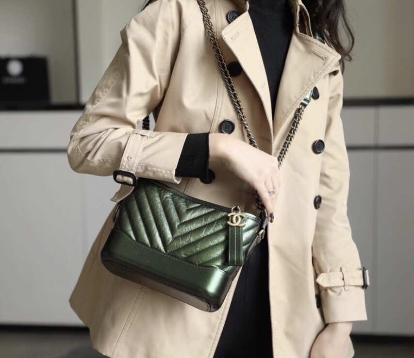 Chanel Small Gabrielle Hobo Bag, Metallic Dark Green Distressed Calfskin, Mixed Gold & Ruthenium Hardware