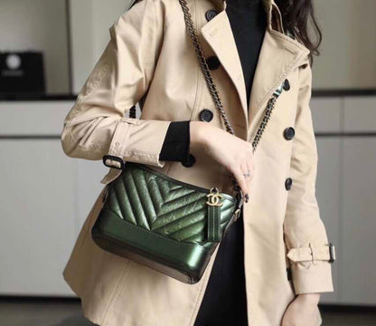 Chanel Small Gabrielle Hobo Bag, Metallic Dark Green Distressed Calfskin, Mixed Gold & Ruthenium Hardware