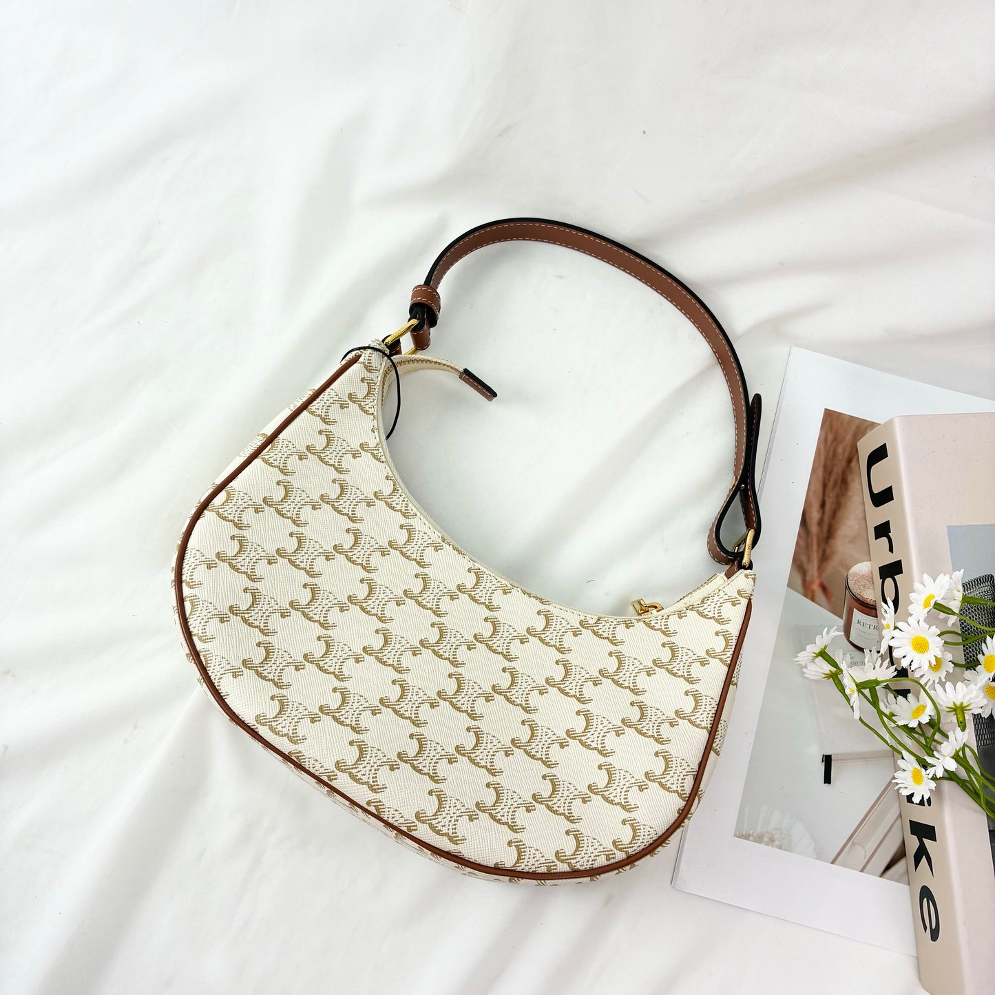 Celine Ava Shoulder Bag in Triomphe Canvas & Calfskin Leather