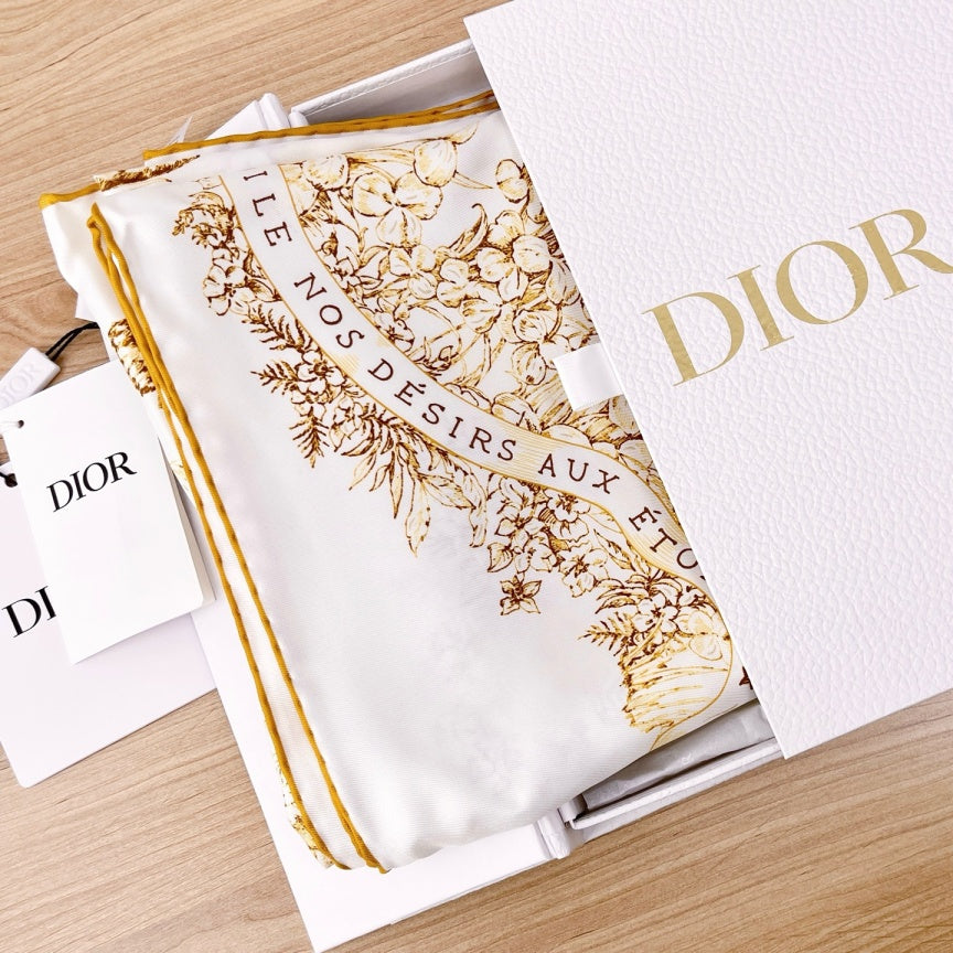 Dior Christmas Limited Edition Toile de Jouy Butterfly Square Silk Scarf, White & Gold, 2023 Holiday Collection