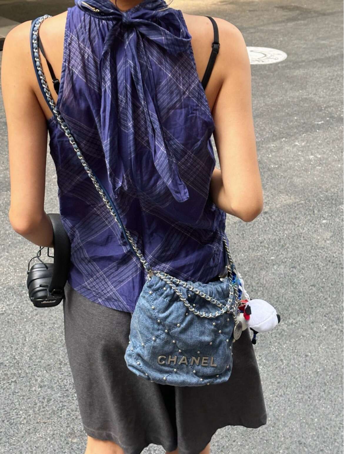 Chanel Mini 22 Handbag, Washed Denim with Stud Detail, Silver-Tone Metal Hardware（24S Collection）