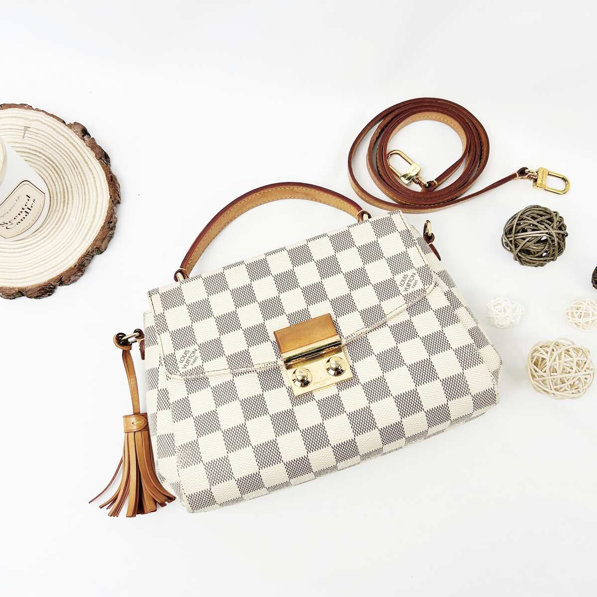 Louis Vuitton Croisette, Damier Azur Canvas, Natural Cowhide Trim with Tassel, Gold-tone Hardware