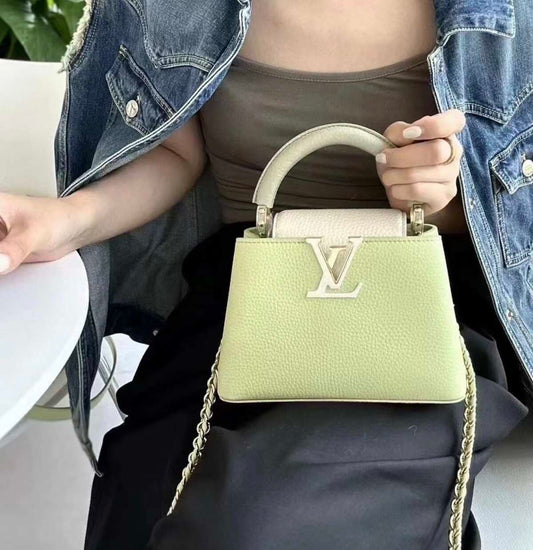 Louis Vuitton Mini Capucines, Light Green Taurillon Leather, Gold-tone LV Turnlock Hardware