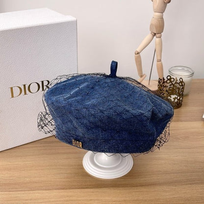 Dior Arty Beret, Blue Denim Cotton with Black Veil Netting, Gold Metal Dior Logo