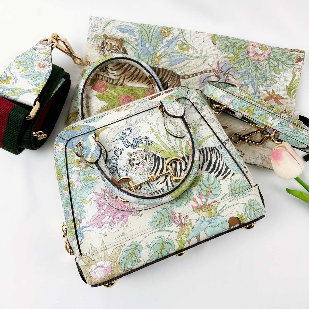 Gucci Mini Horsebit 1955 Top Handle Bag, Tiger Limited Edition Printed Calfskin, Gold-tone Hardware