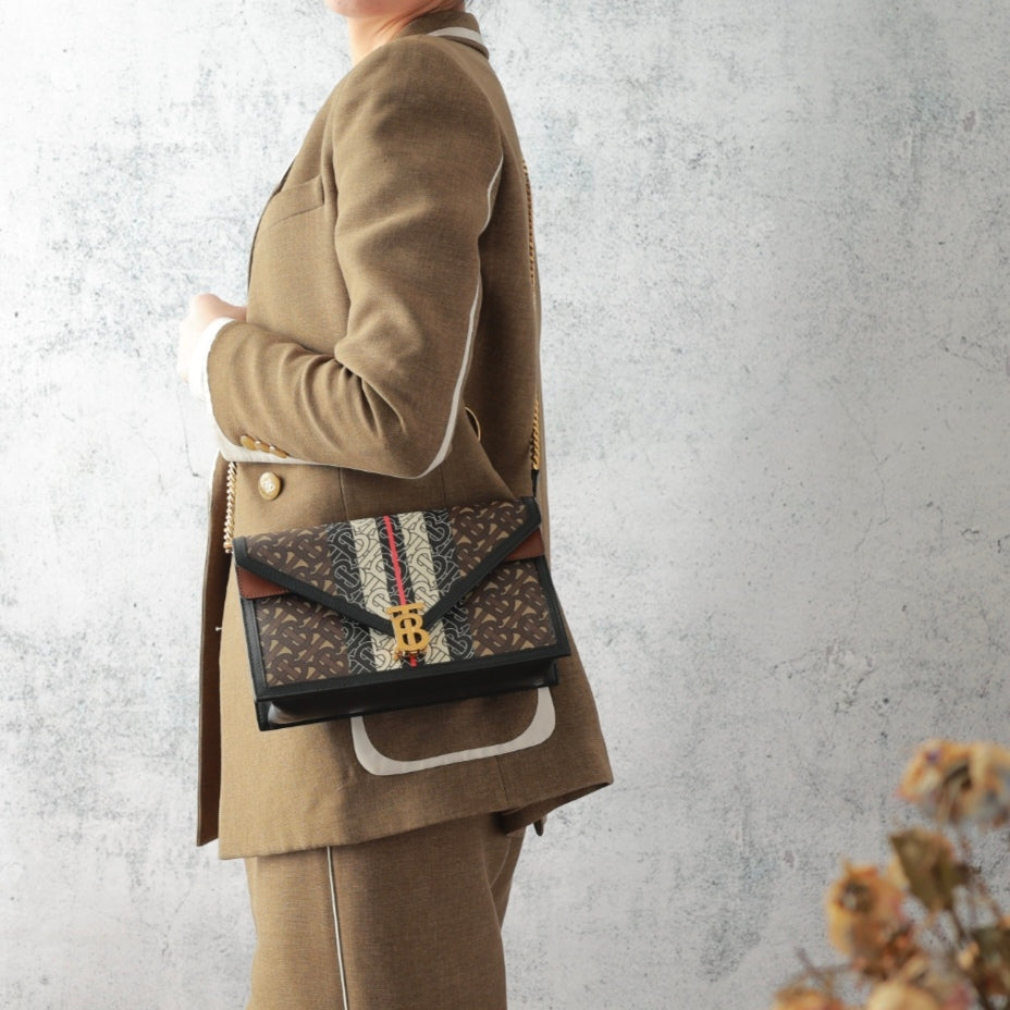 Burberry TB Monogram Envelope Chain Crossbody Bag, Stripe Printed Coated Canvas & Leather Trim, Gold-tone TB Logo Hardware
