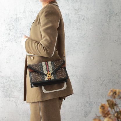 Burberry TB Monogram Envelope Chain Crossbody Bag, Stripe Printed Coated Canvas & Leather Trim, Gold-tone TB Logo Hardware