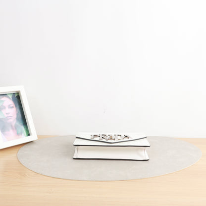 Prada Envelope Chain Shoulder Bag, White Smooth Calfskin, Large Metallic Gothic Logo Hardware