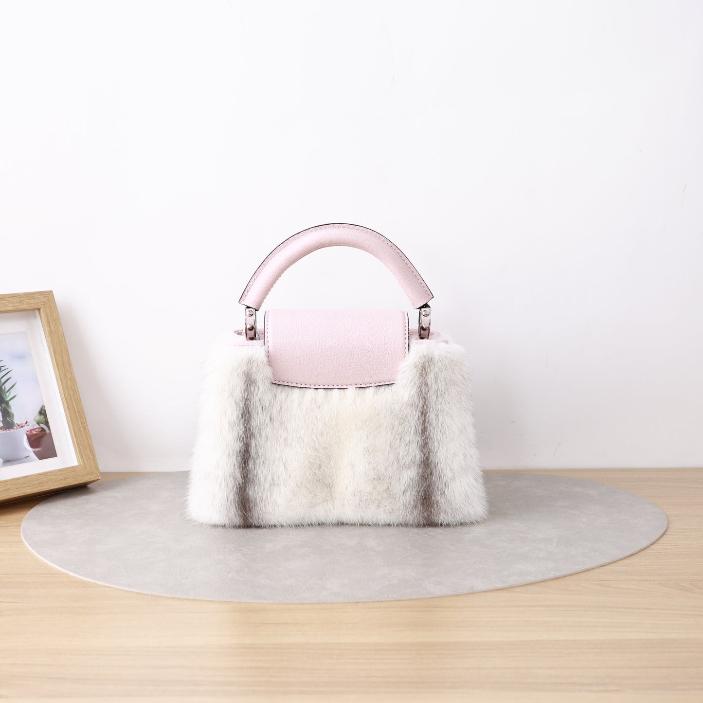 Louis Vuitton Mini Capucines Limited Edition, Mink Fur & Pink Taurillon Leather, Gold LV Clasp Hardware, Detachable Crossbody Strap