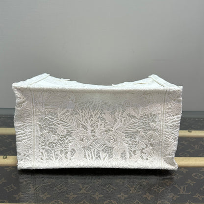Dior Medium Book Tote, Limited Edition White Butterfly Embroidery Raffia & Canvas Tote Bag