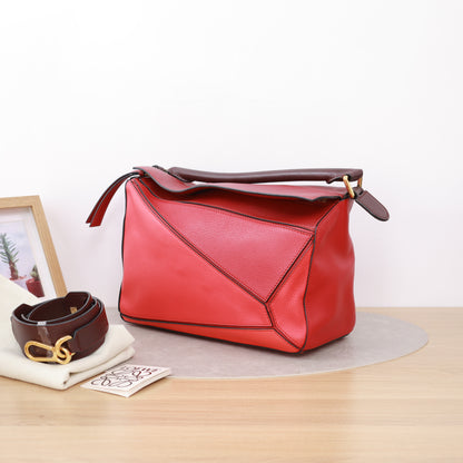 Loewe Medium Puzzle Edge Bag, Two-tone Red & Dark Brown Calfskin, Gold-tone Hardware, Top Handle with Detachable Crossbody Strap