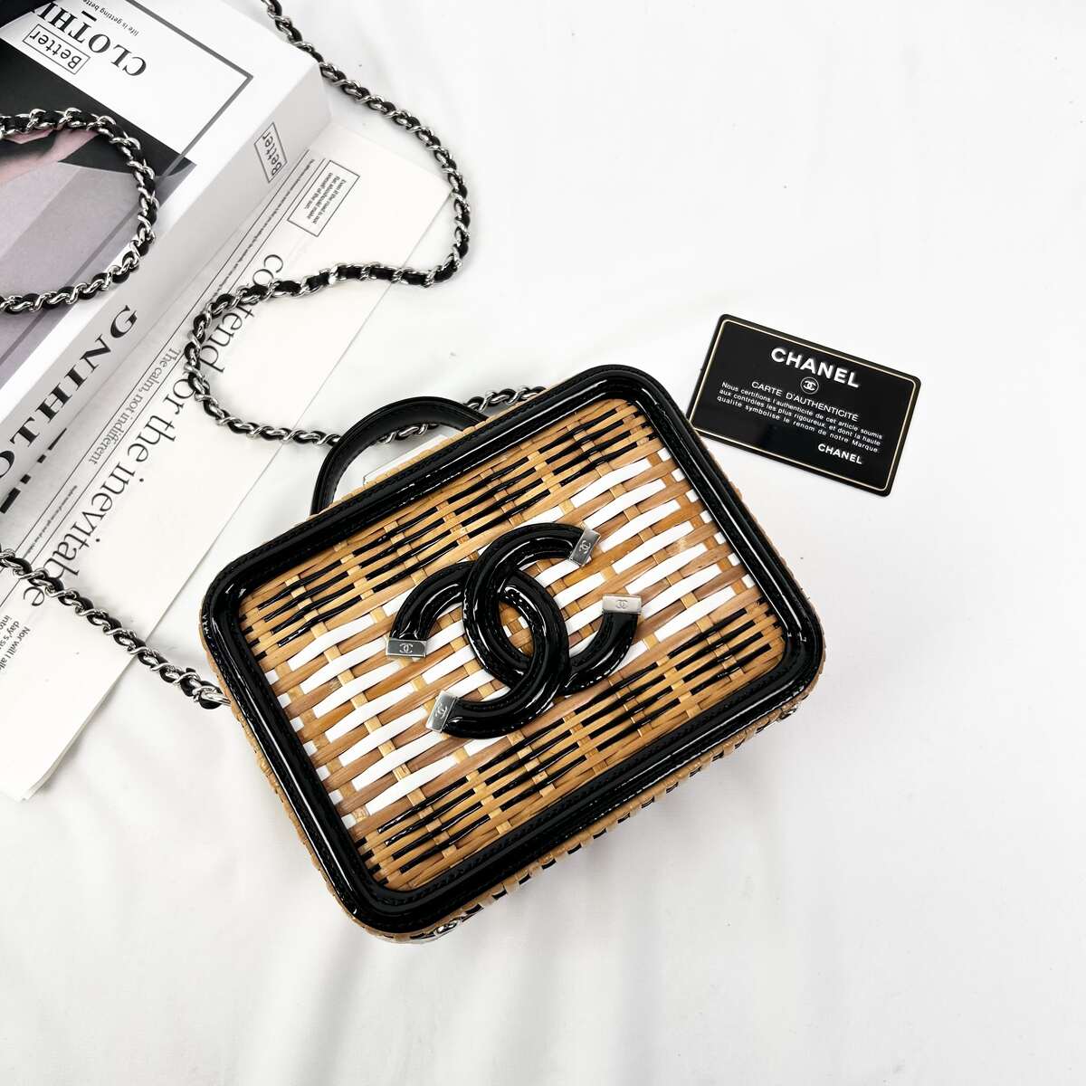 Chanel Small Vanity Case Camera Bag, 19S Cruise Collection, Raphia & Patent Calfskin, Silver-tone Metal Hardware