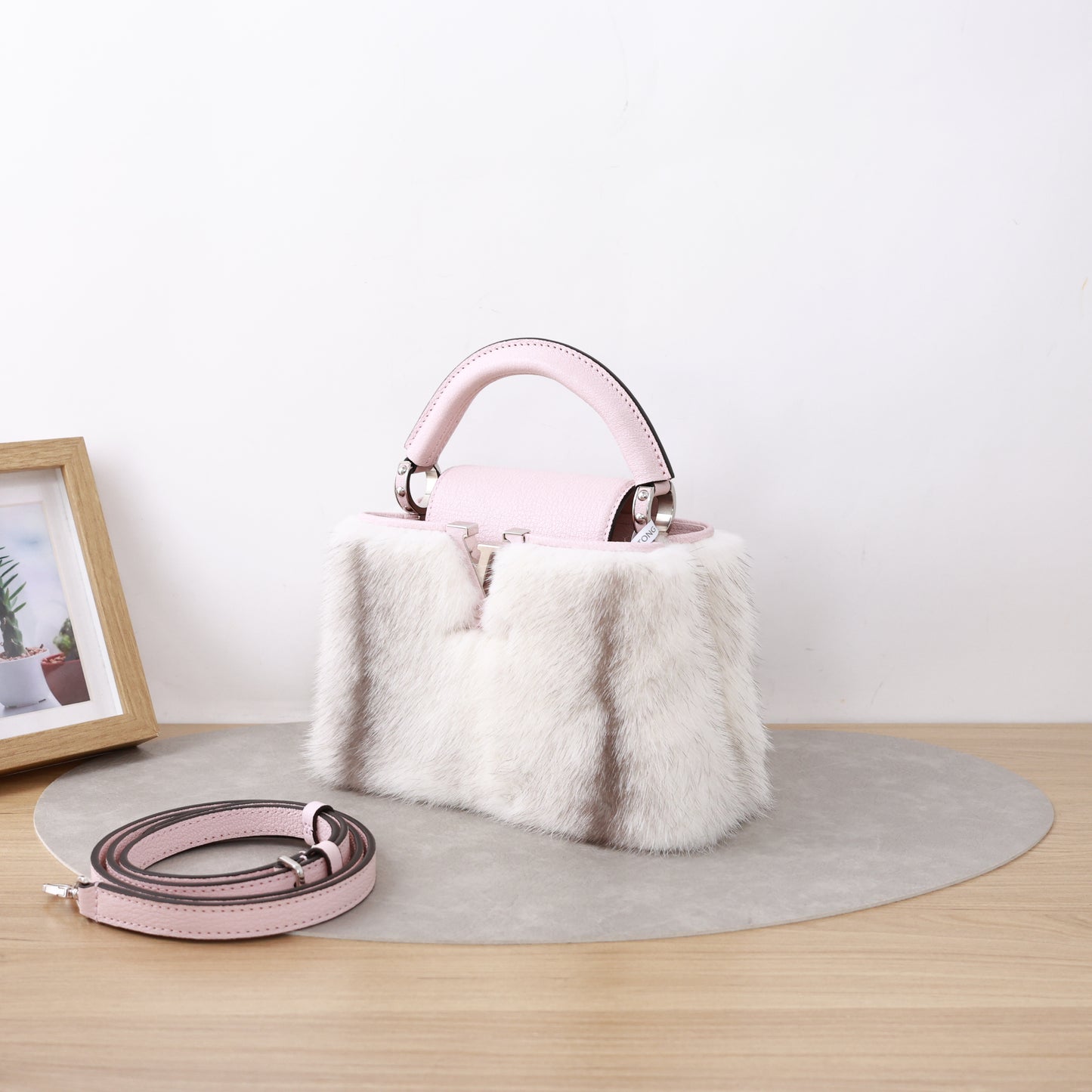 Louis Vuitton Mini Capucines Limited Edition, Mink Fur & Pink Taurillon Leather, Gold LV Clasp Hardware, Detachable Crossbody Strap