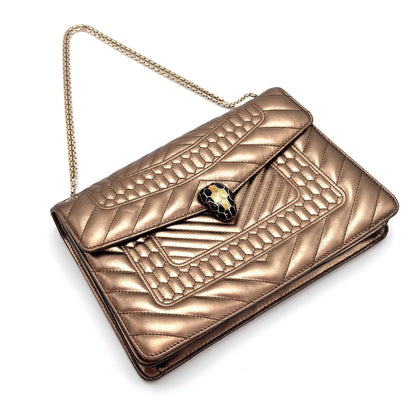 Bvlgari Medium Serpenti Forever Shoulder Bag, Metallic Gold Chevron Quilted Calfskin, Limited Edition Enamel Snake Head Clasp