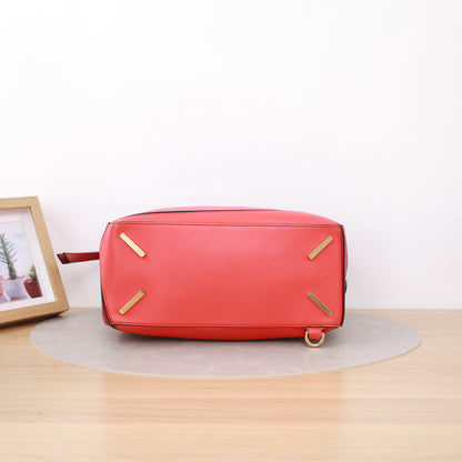 Loewe Medium Puzzle Edge Bag, Two-tone Red & Dark Brown Calfskin, Gold-tone Hardware, Top Handle with Detachable Crossbody Strap