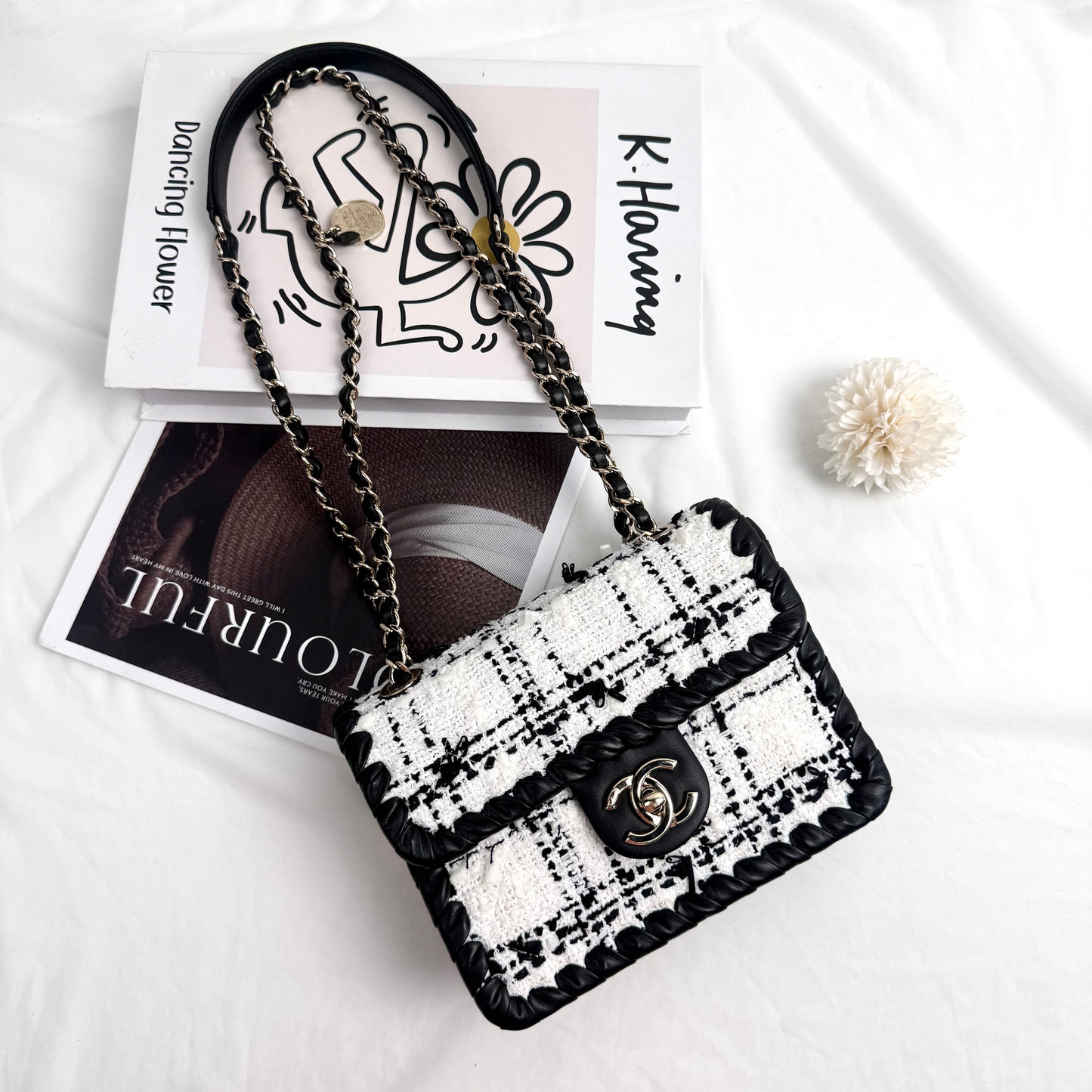 Chanel Classic Flap Mini, 22C Collection, Black & White Tweed with Braided Leather Trim, Gold-tone Interlocking CC Hardware