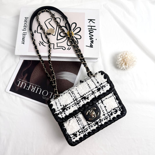 Chanel Classic Flap Mini, 22C Collection, Black & White Tweed with Braided Leather Trim, Gold-tone Interlocking CC Hardware