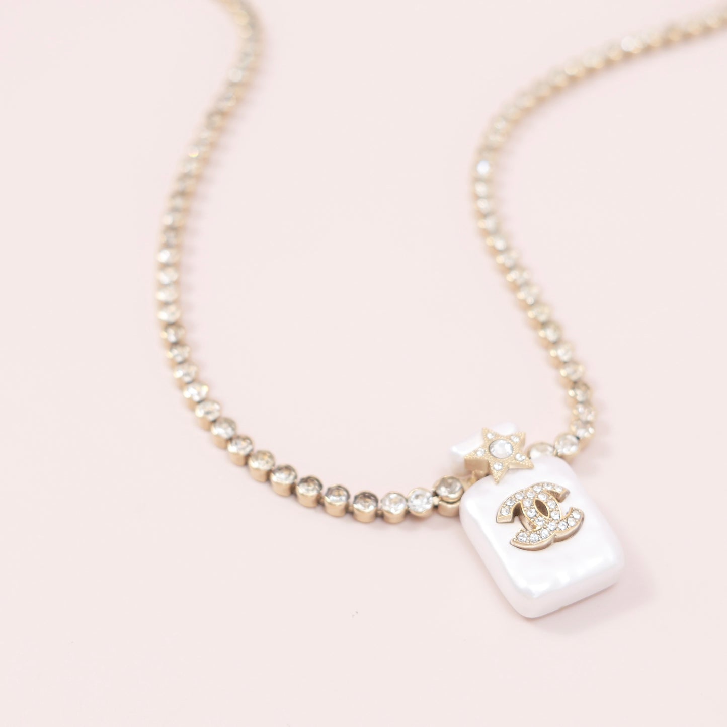 Chanel Perfume Bottle Pendant Necklace, Crystal & Imitation Pearl, Gold-tone Metal Setting