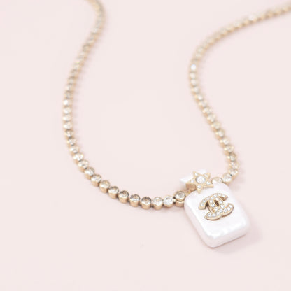 Chanel Perfume Bottle Pendant Necklace, Crystal & Imitation Pearl, Gold-tone Metal Setting