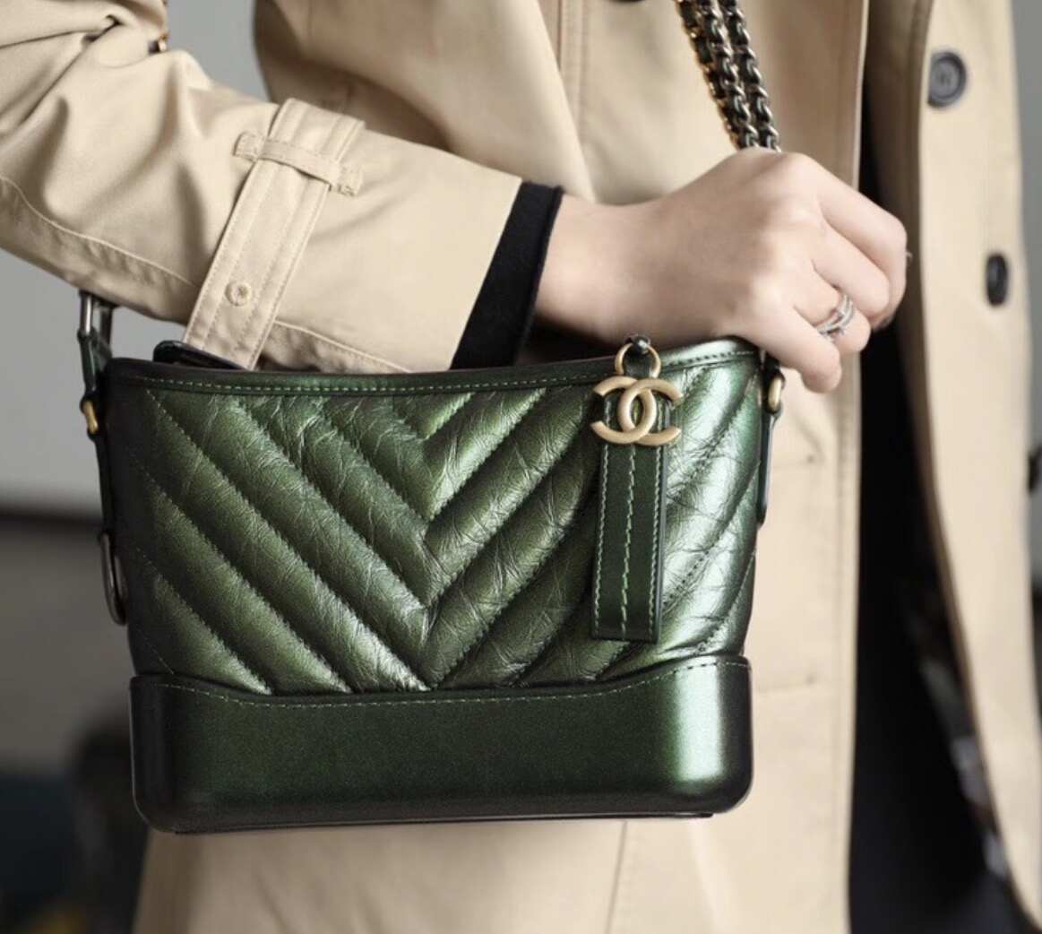 Chanel Small Gabrielle Hobo Bag, Metallic Dark Green Distressed Calfskin, Mixed Gold & Ruthenium Hardware