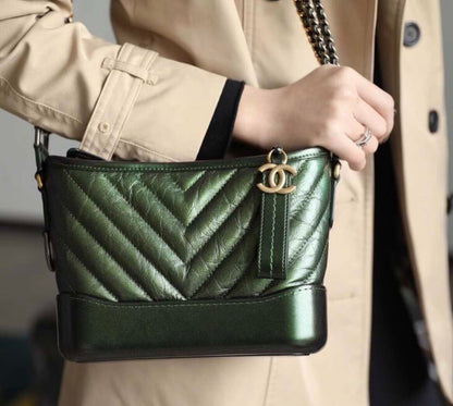 Chanel Small Gabrielle Hobo Bag, Metallic Dark Green Distressed Calfskin, Mixed Gold & Ruthenium Hardware