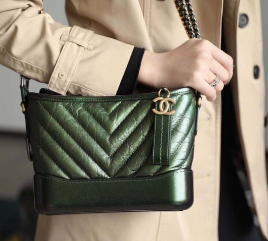 Chanel Small Gabrielle Hobo Bag, Metallic Dark Green Distressed Calfskin, Mixed Gold & Ruthenium Hardware