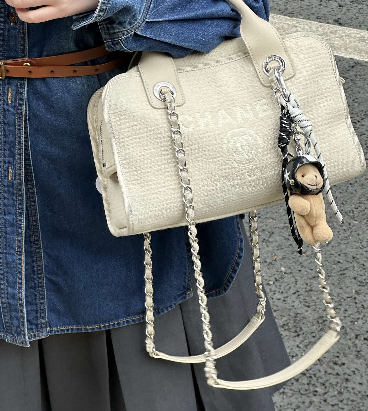 Chanel Small Deauville Shopping Bag, 22C Collection, White Mixed Fiber Canvas, Silver-tone Metal Chain Hardware
